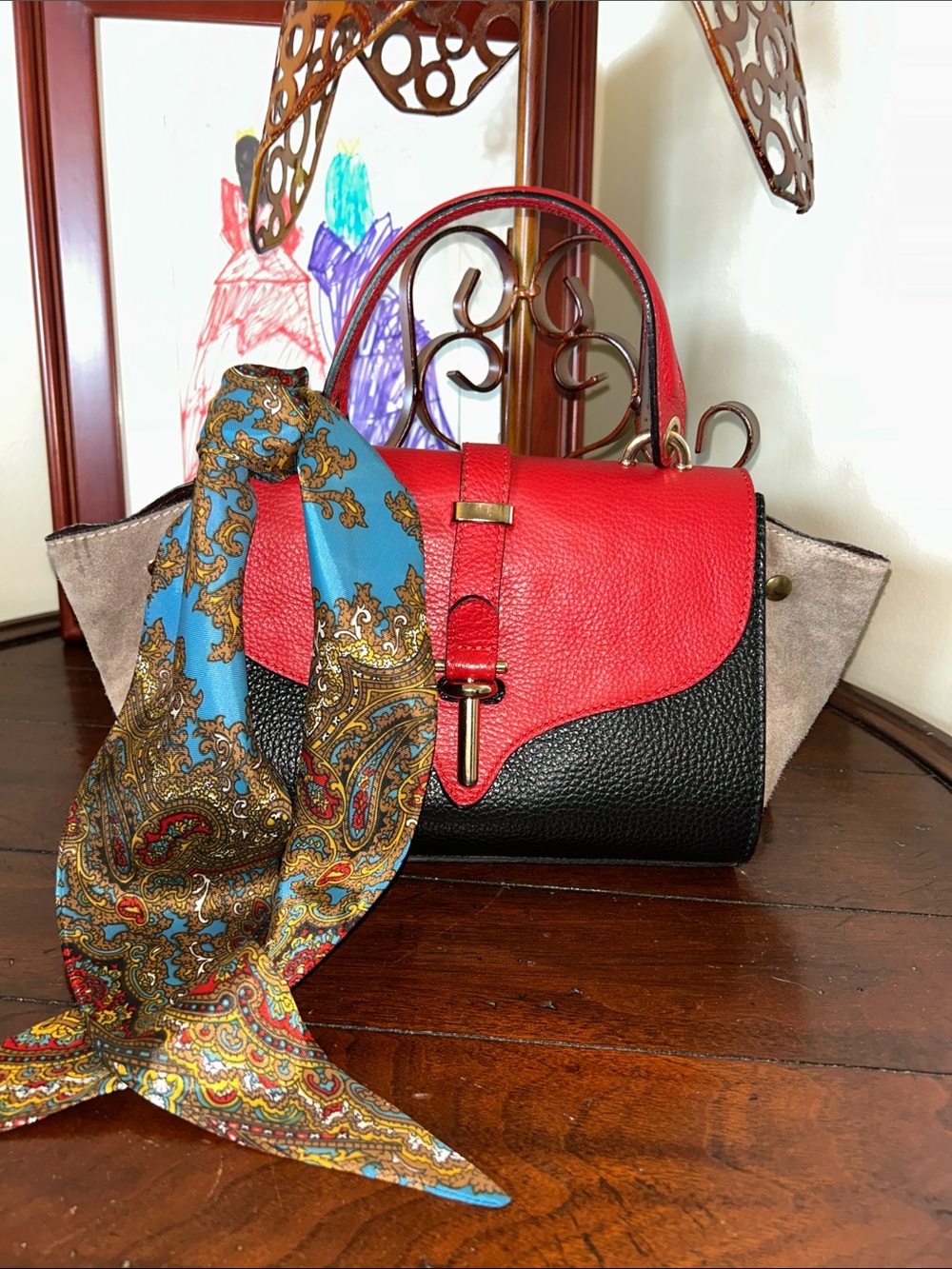 Made in Italy Two-Tone Satchel Handbag in Red, Black and Taupe scarf included